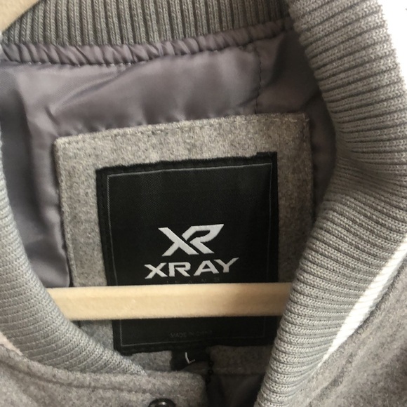 Gray and White Varsity Bomber Jacket with Ribbed Collar - Picture 2 of 5